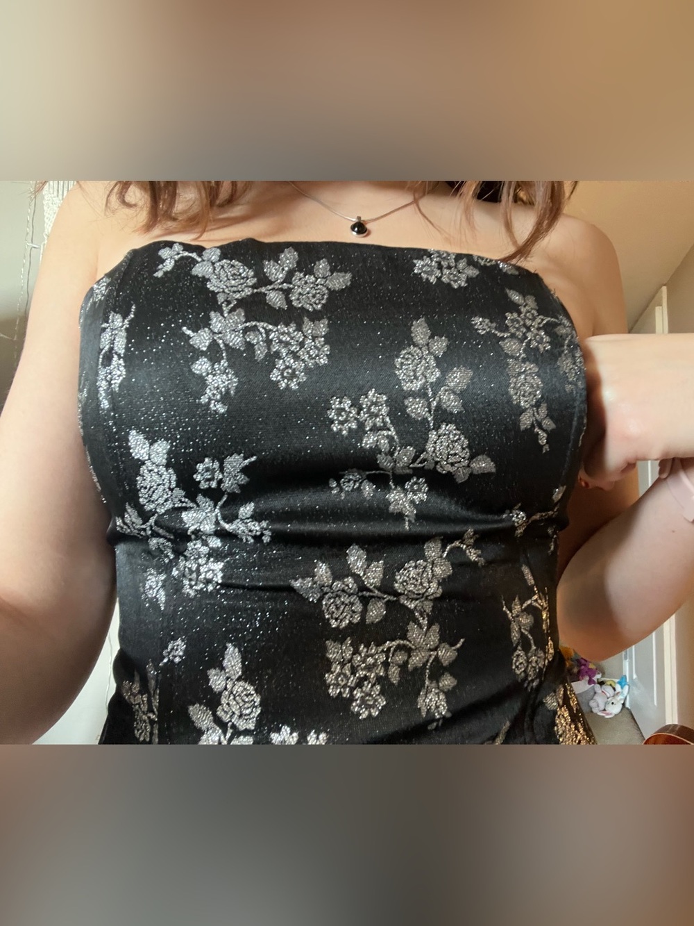 Betsy & Adam Black Strapless Floral Sparkle Top